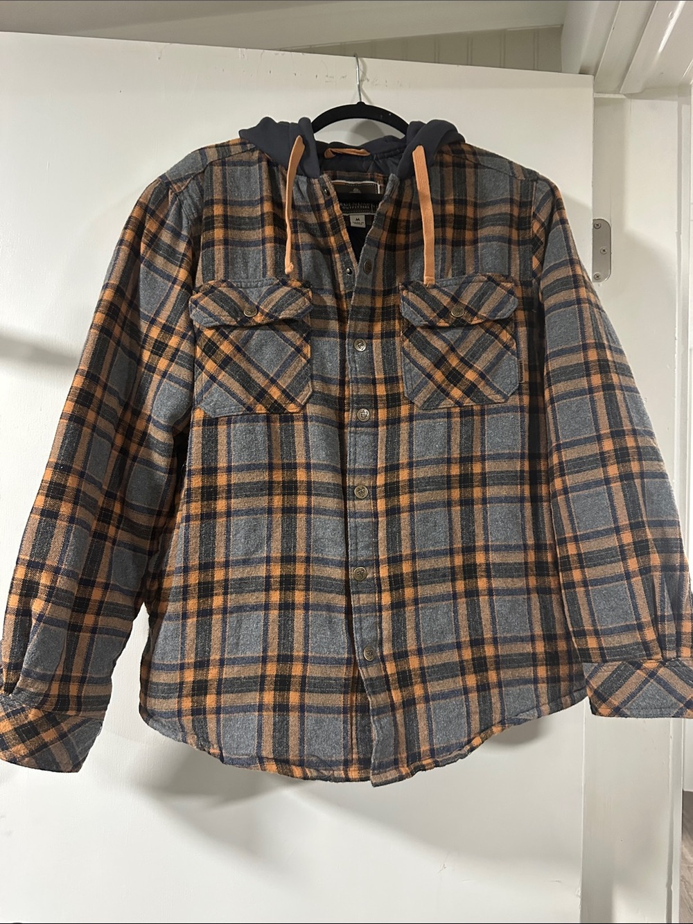 Men's Hooded Plaid Flannel Shirt Jacket - Gray & Orange 057